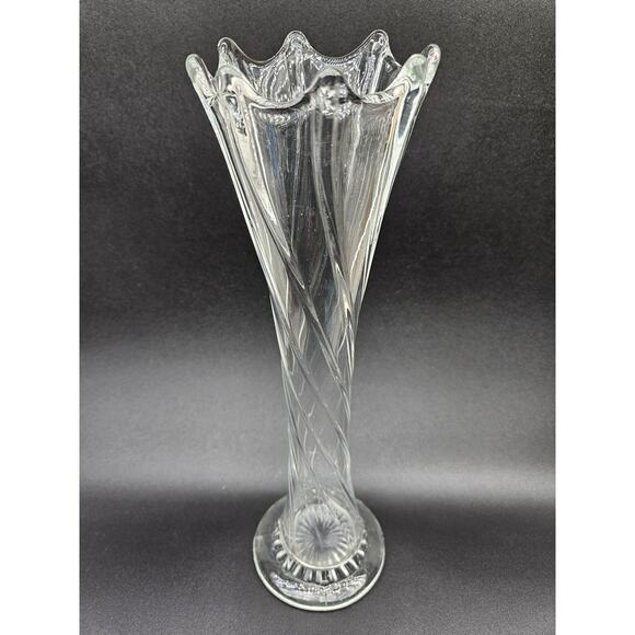 Vintage‎ Dugan Swung Vase Clear Ribbed Swirl Glass Trumpet Scalloped 8 Finger - Picture 1 of 10